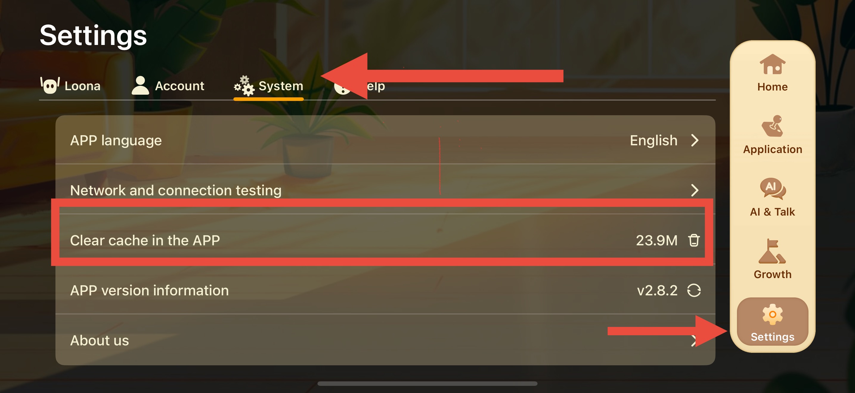 Hello Loona app: Clearing cache