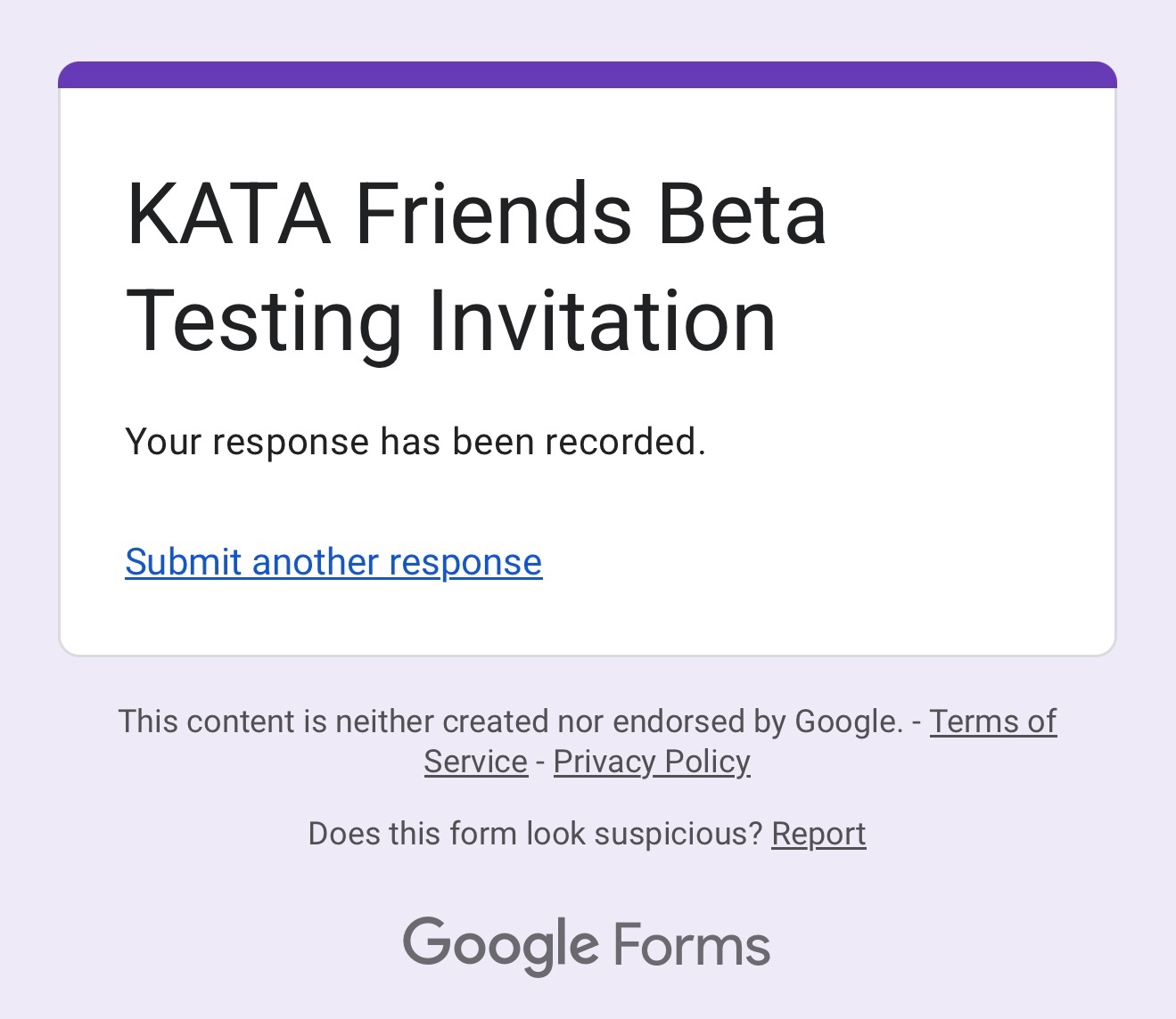 Kata Friends Beta Testing Form Successfully Submitted