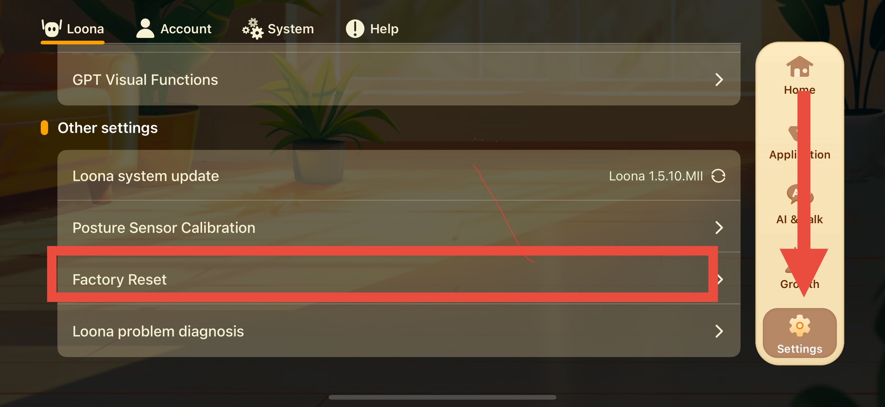 Loona robot: Factory reset pathway