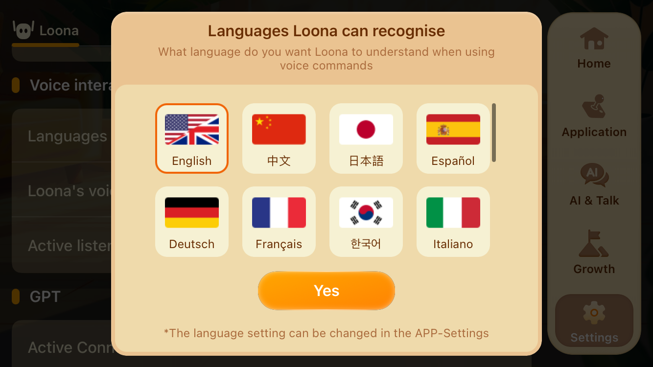 Loona robot recognised languages