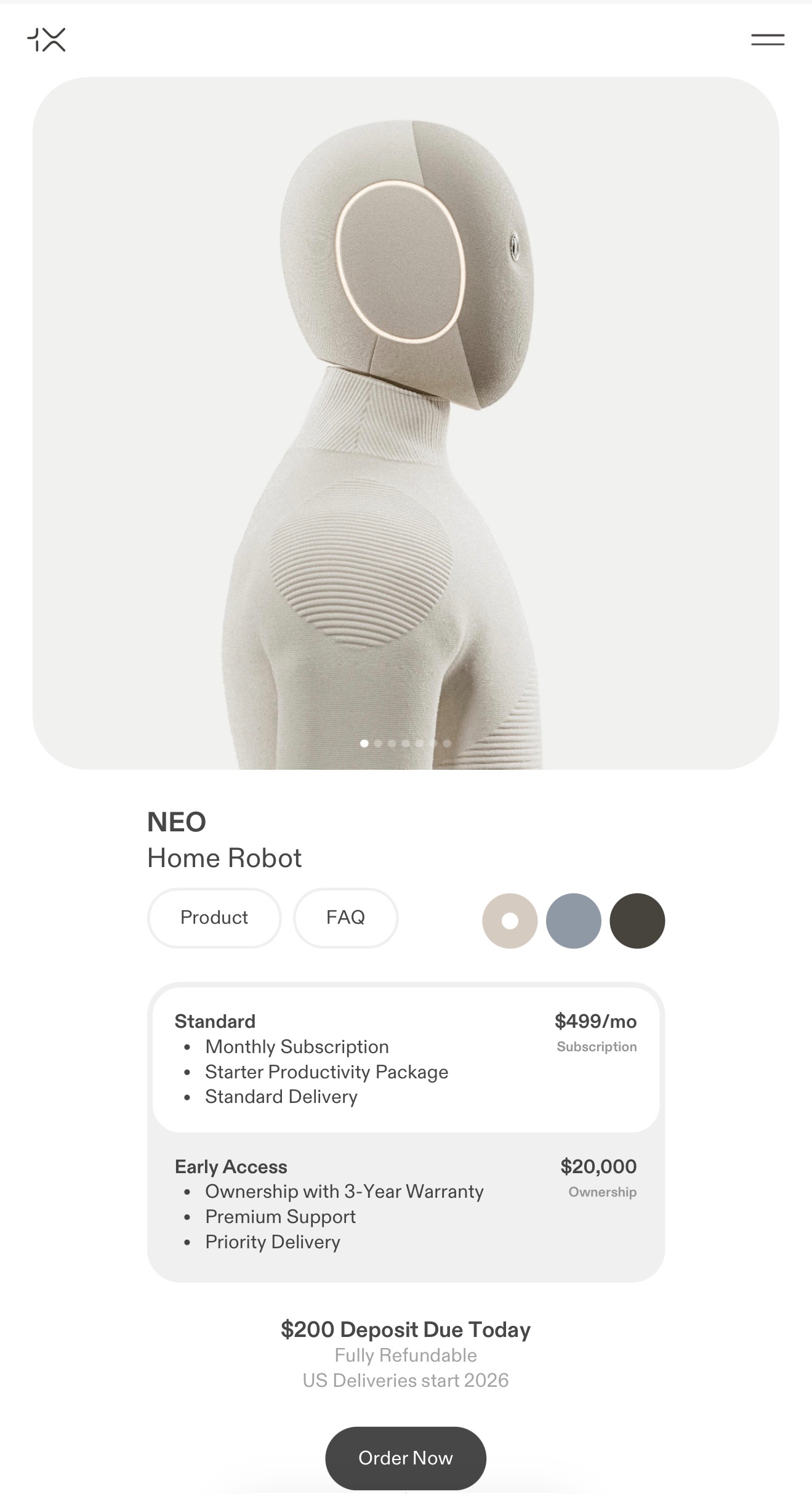 Neo home robot order page.