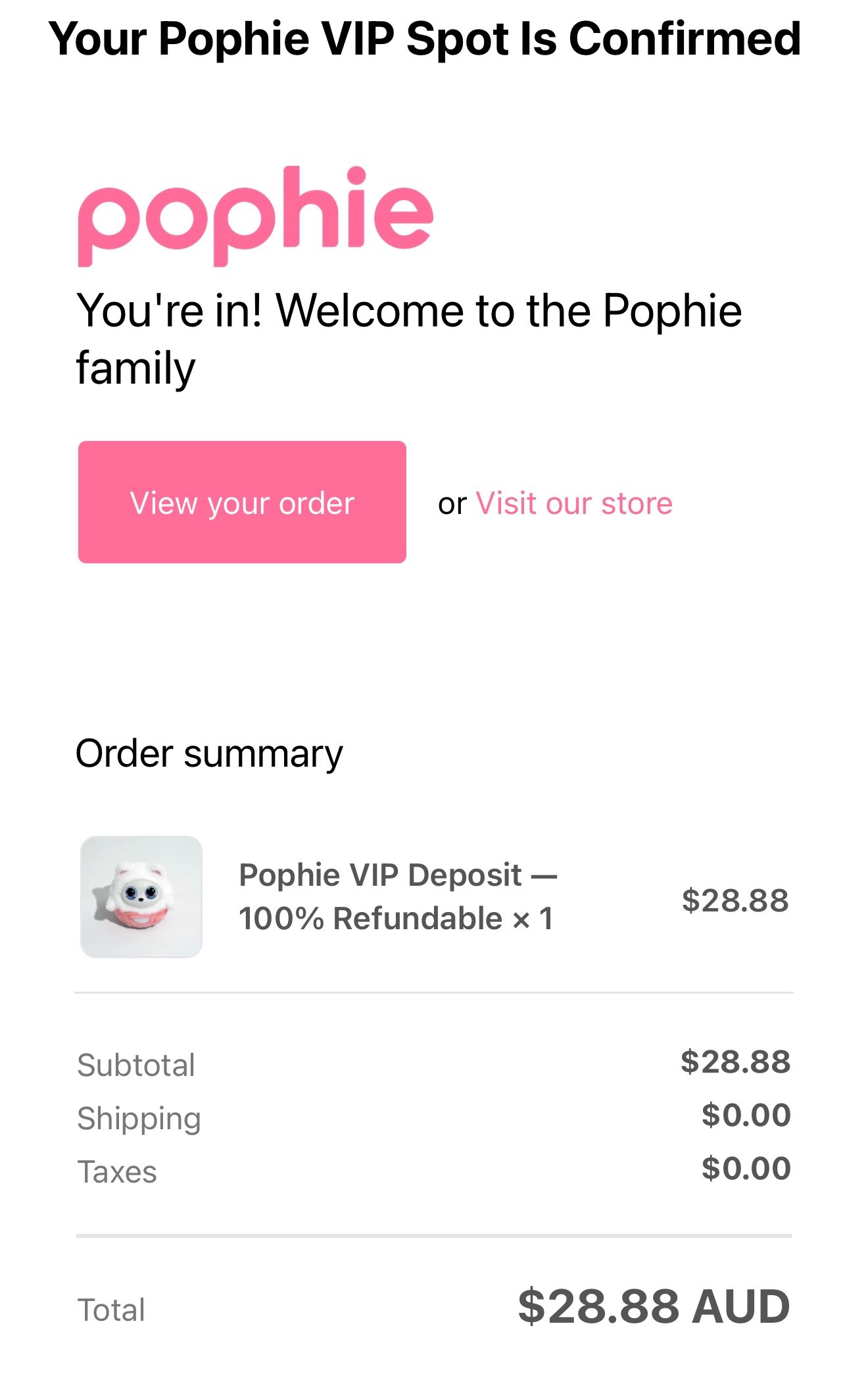 Pophie preorder discount confirmation