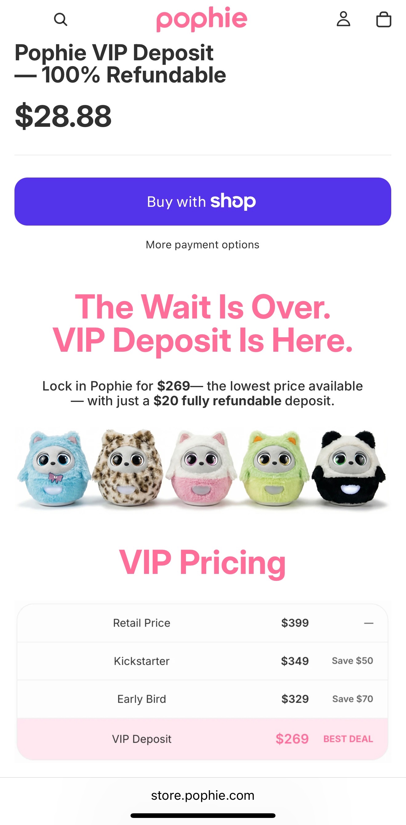 Pophie robot VIP pricing. Image: Insbotics. Screenshot by author.