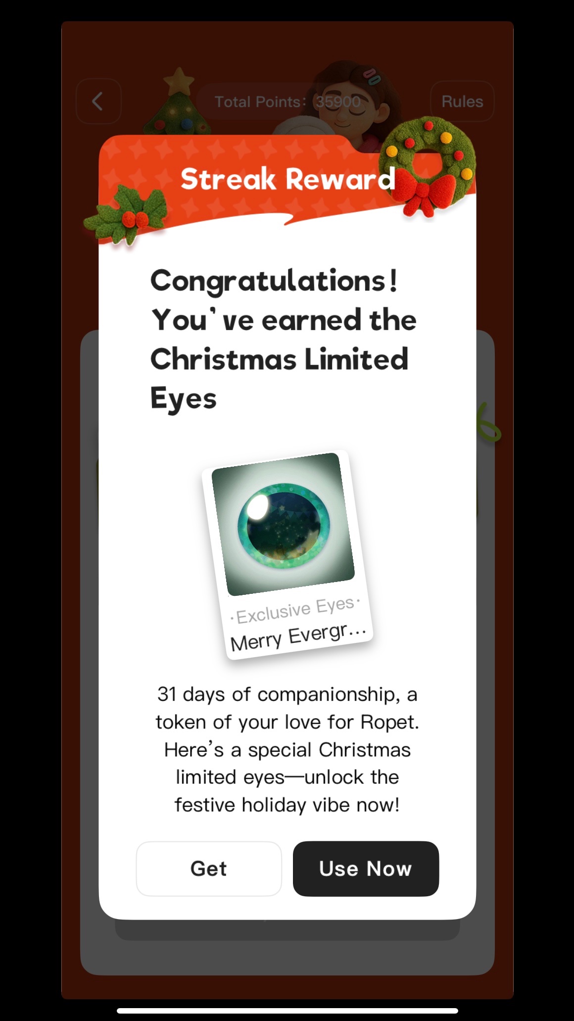 Ropet Christmas Challenge getting Merry Evergreen Eyes after completing 31 streak!