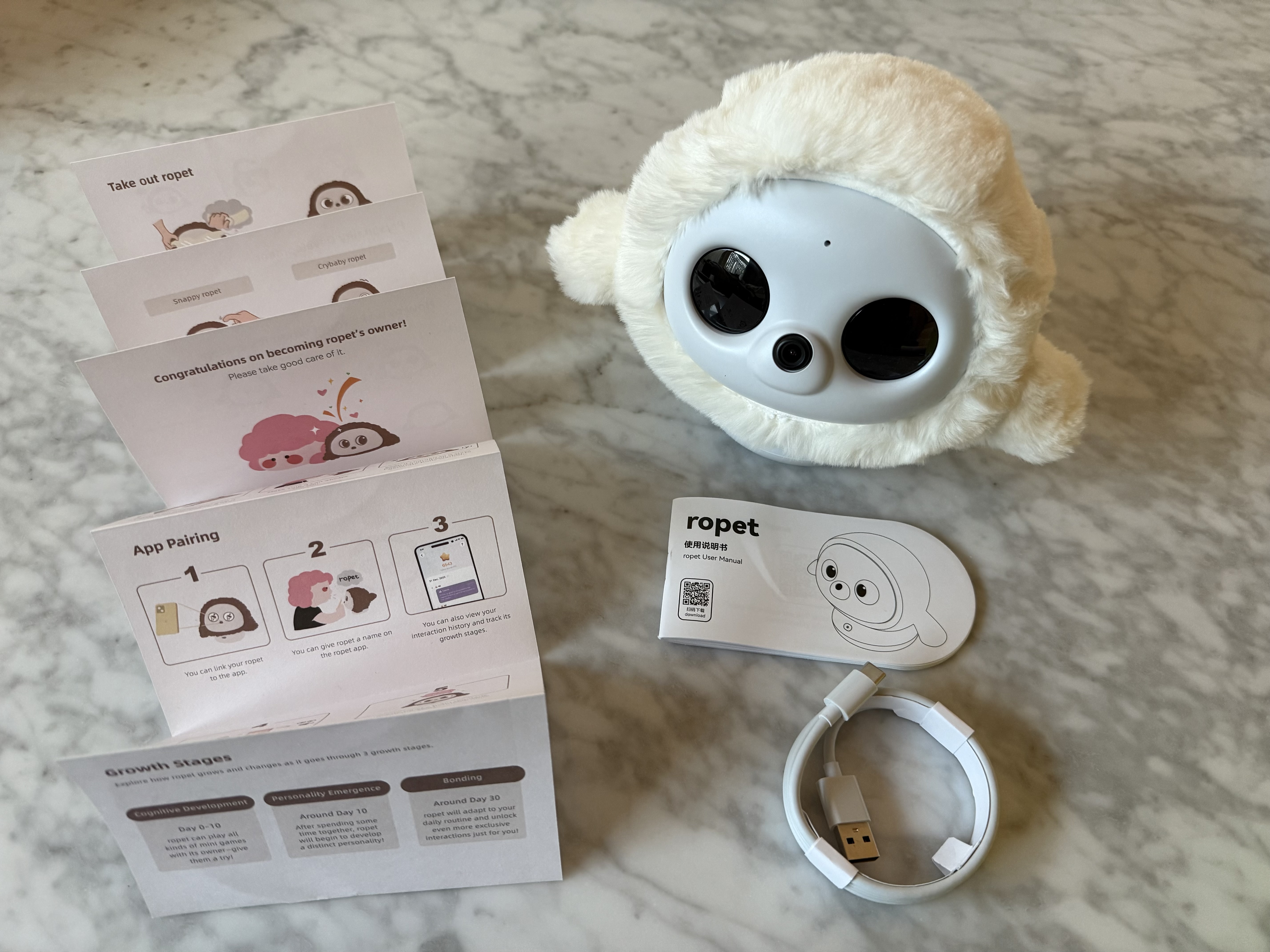 Ropet comes with a USB-A to USB-C charging cable, a beautifully presented manual and quick start guide.