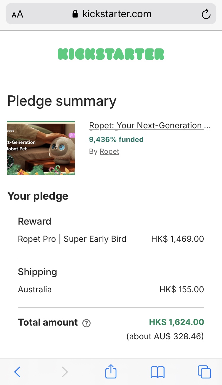 Ropet Kickstarter pledge