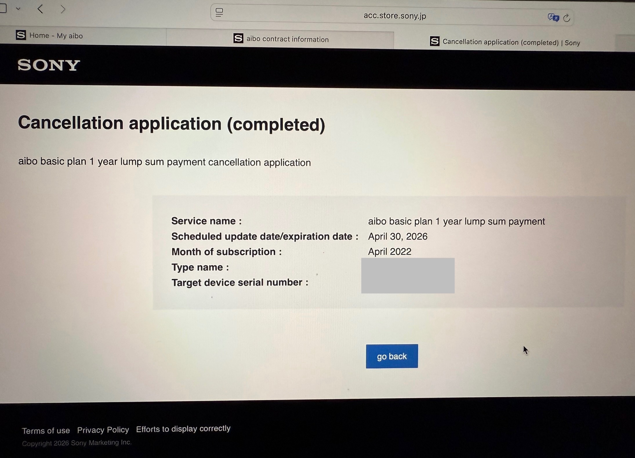 Sony Aibo cloud plan cancellation completed
