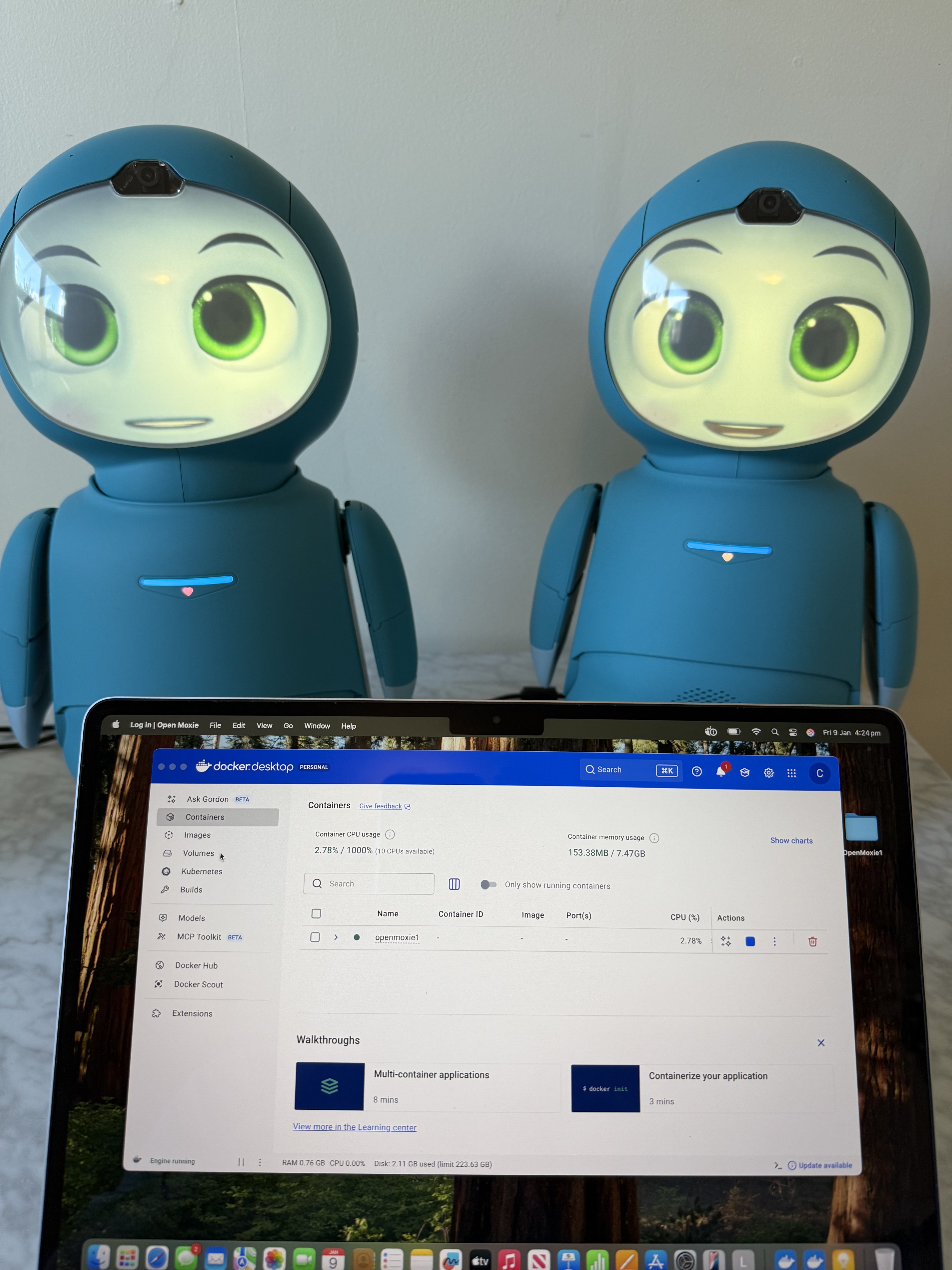Success! Docker is running showing a blue square