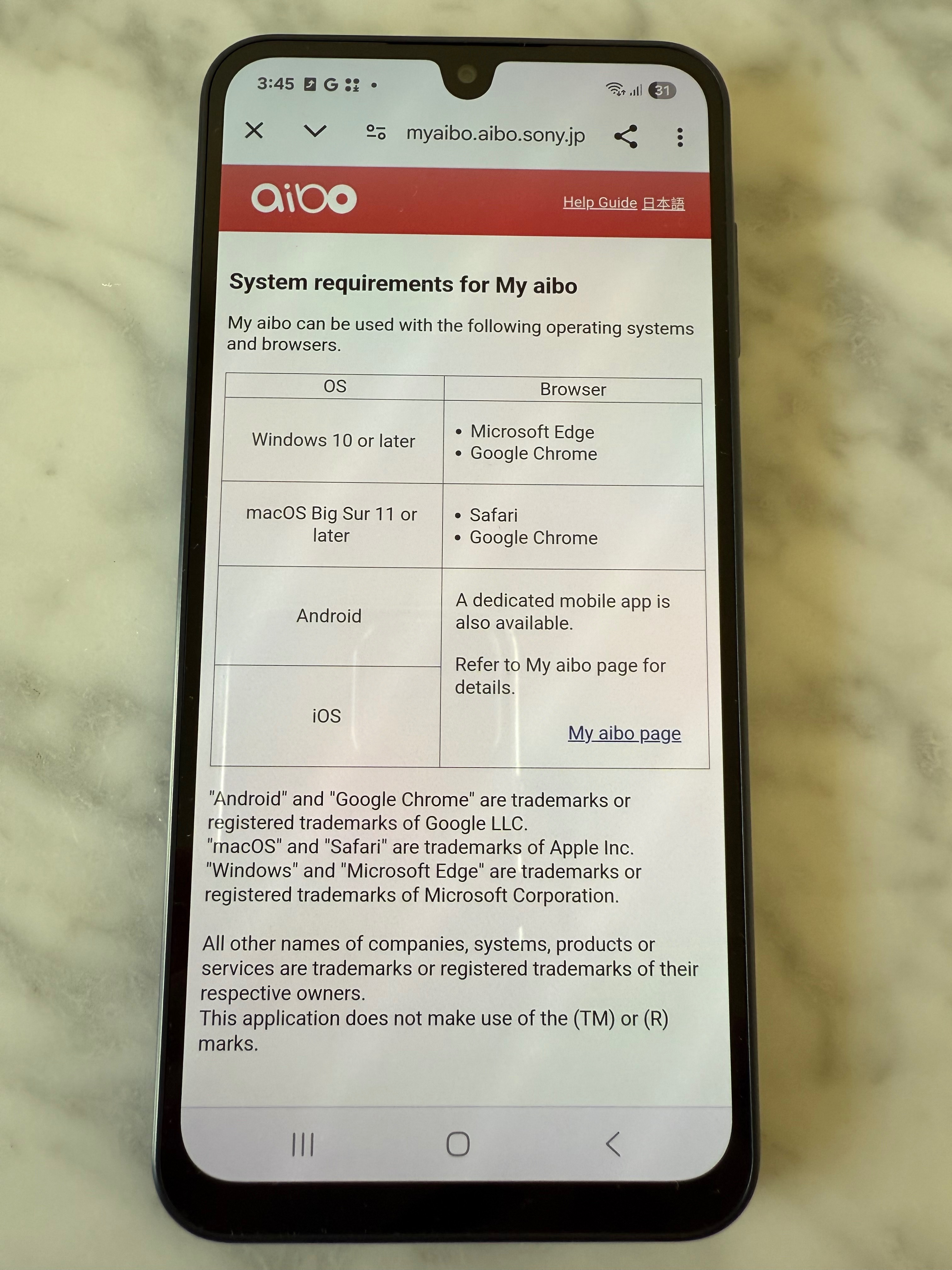 Trying to log into the My Aibo app unsuccessfully outside US/Japan